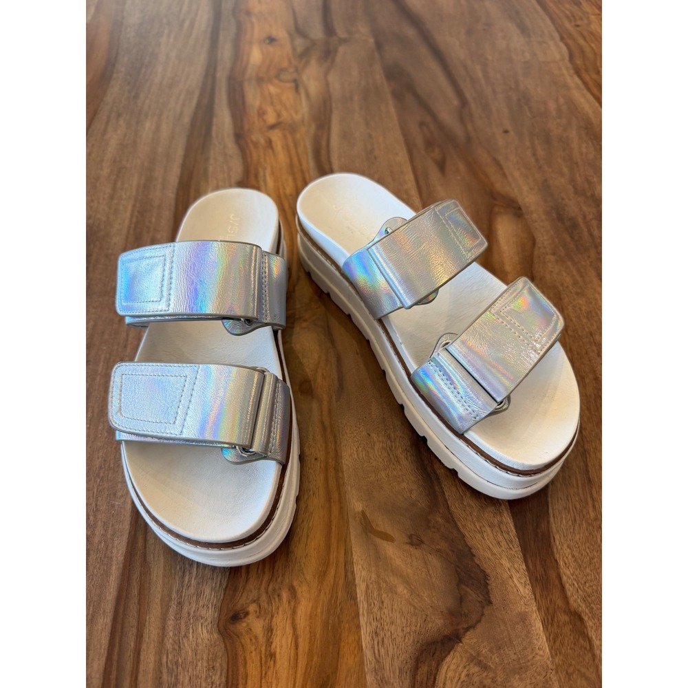 J/Slides NYC Holographic Silver Platform Slide Sandals Womens 6.5 Flatform